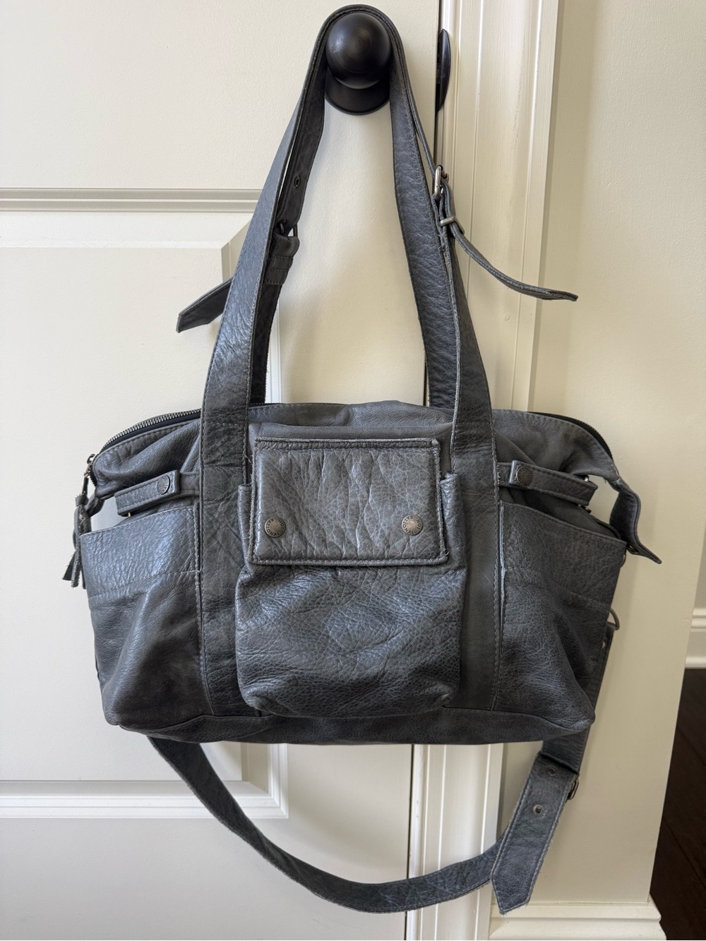 NOT RATIONAL Hansel premium distressed leather diaper bag in charcoal gray